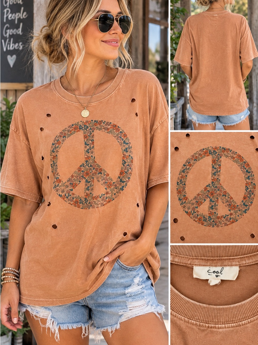 easel Washed Coral Floral Peace Sign Distressed Oversized Boho Short Sleeve Tee
